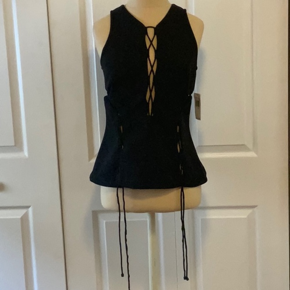 Kendall+Kylie Black Sleeveless Top-NWT-with Cut Outs and String- Zipper
